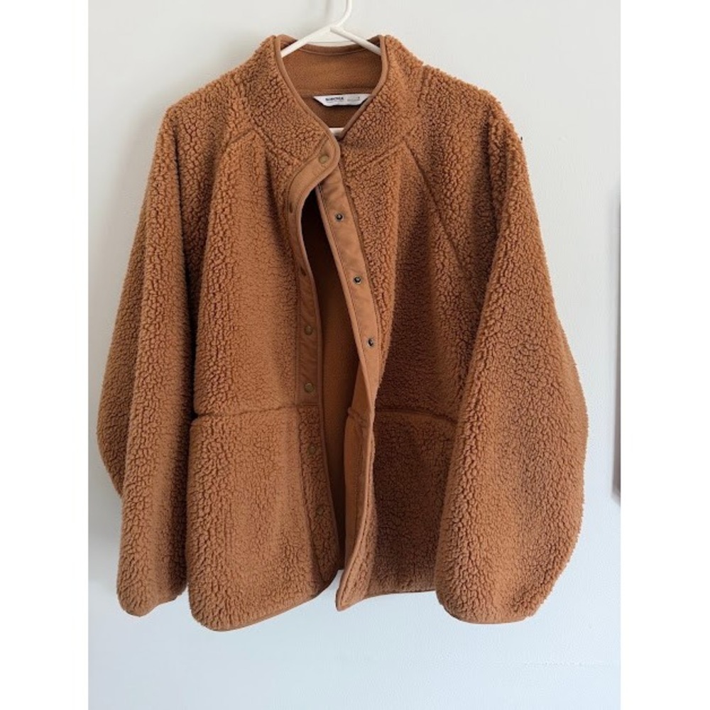 Cozy Sonoma Sherpa Fleece Jacket Womens 1X Brown Teddy Snap Front Mock Neck Soft - Picture 8 of 9